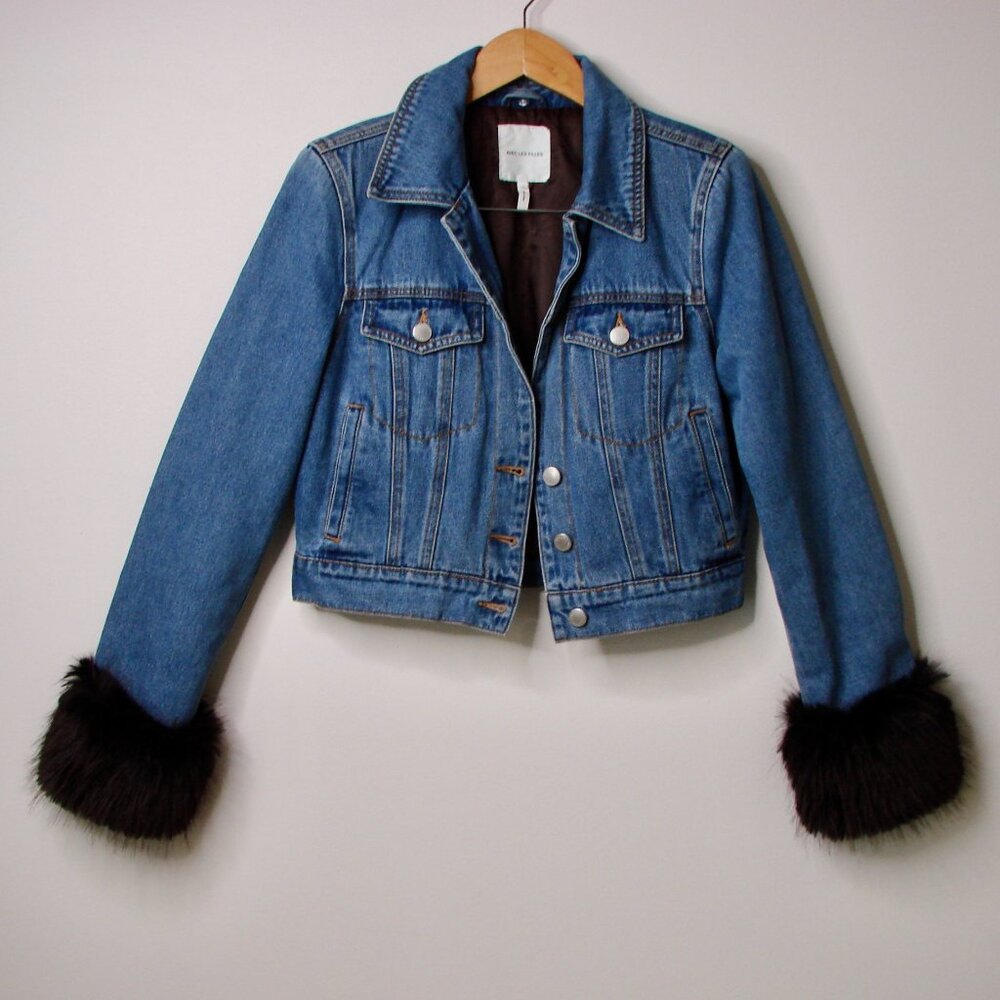 Anthropologie Avec Les Filles Denim Jean Jacket Faux Fur Trim Size Small NEW - Picture 2 of 15